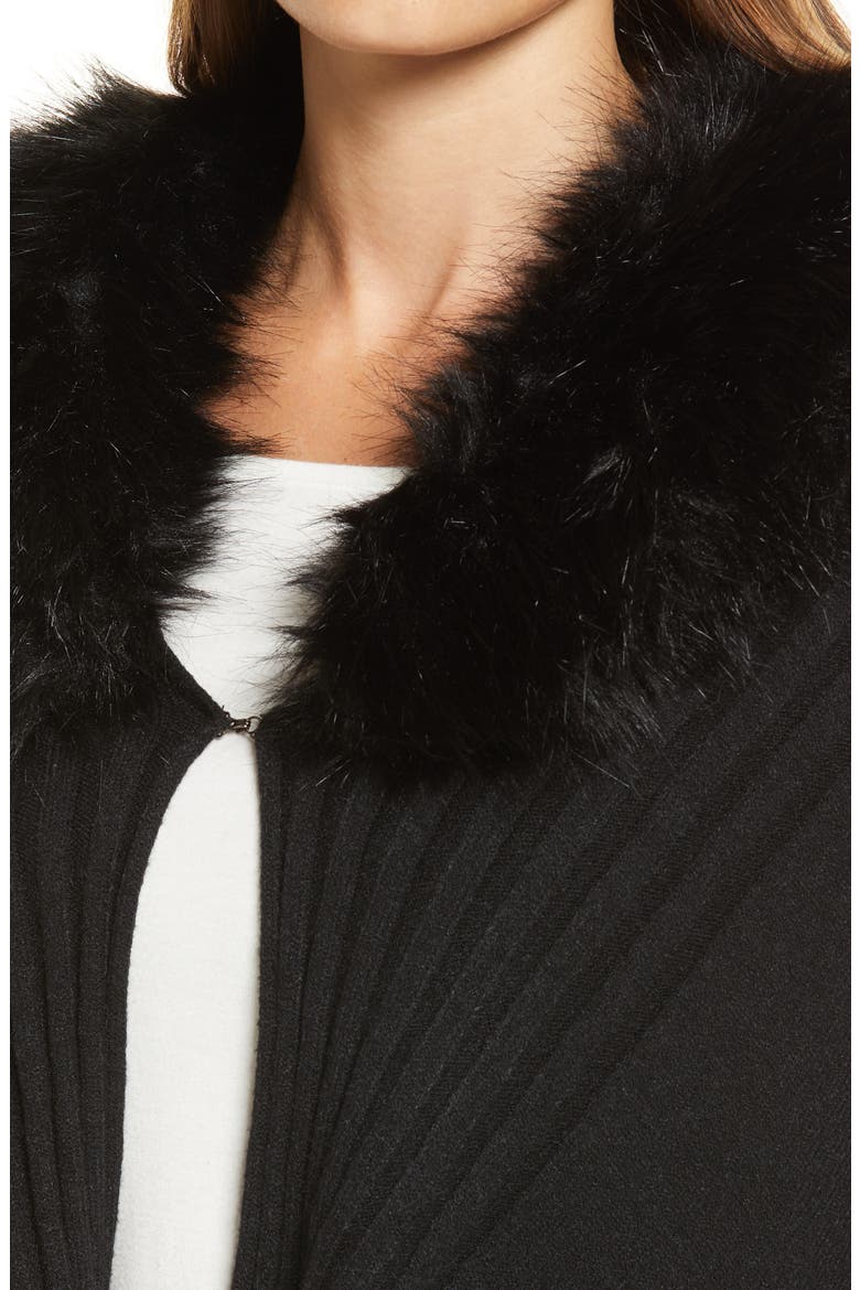 Rib Ruana with Faux Fur Collar, Alternate, color, BLACK