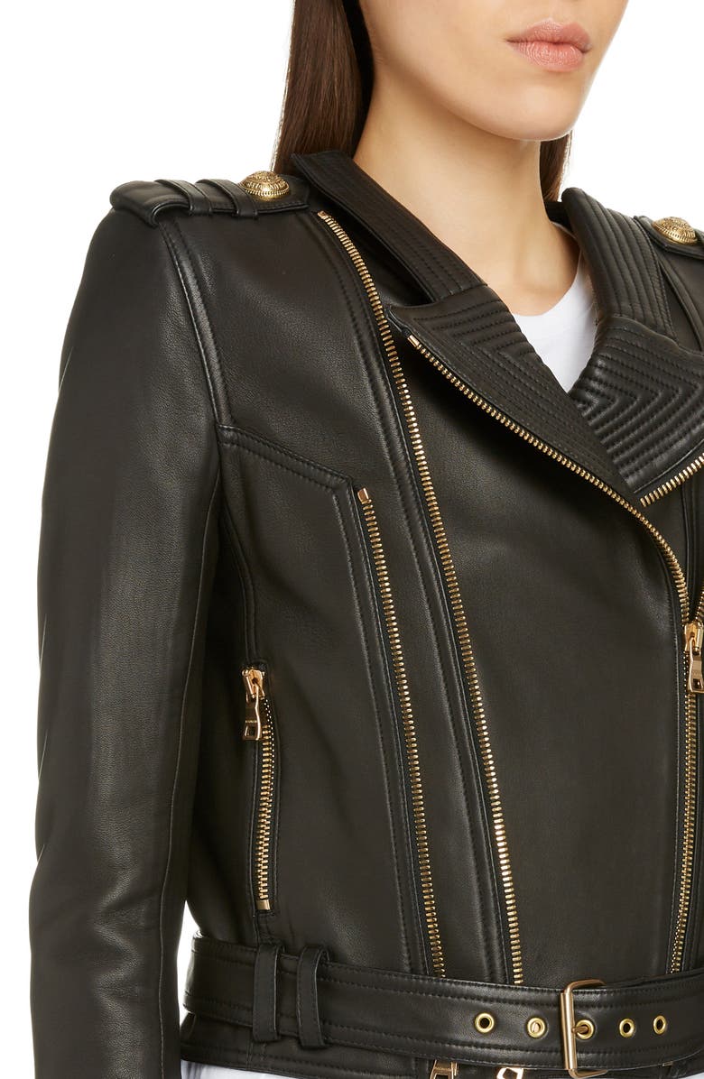 Balmain Epaulet Crop Leather Jacket, Alternate, color, 