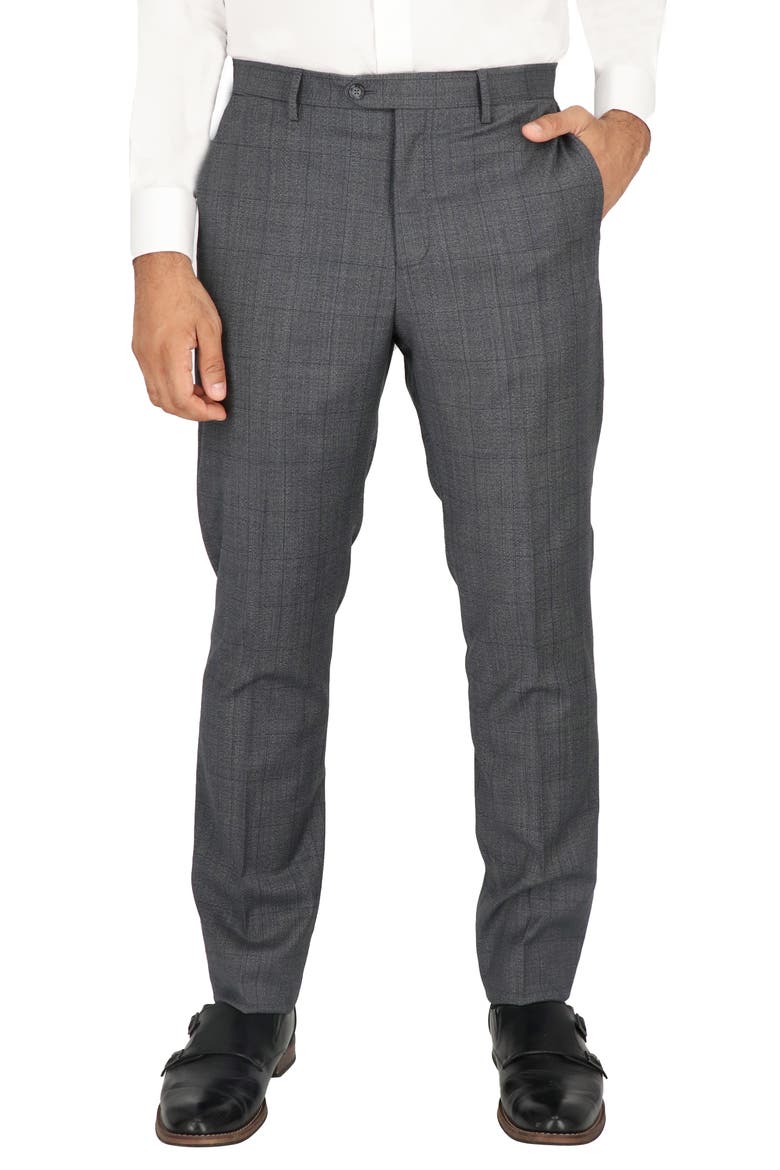 Grey Windowpane Check Flat Front Stretch Wool Dress Pants, Alternate, color, GREY WINDOWPANE