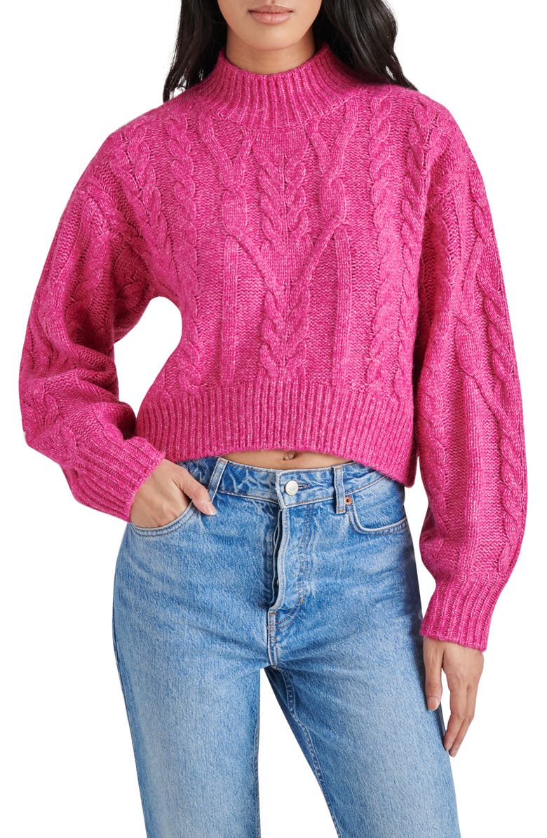 Steve Madden Marcie Cable Stitch Mock Neck Sweater, Main, color, Fuschia