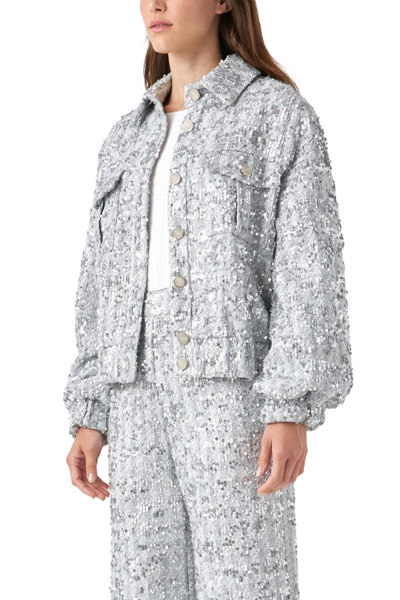 Sequin Tweed Jacket, Alternate, color, SILVER