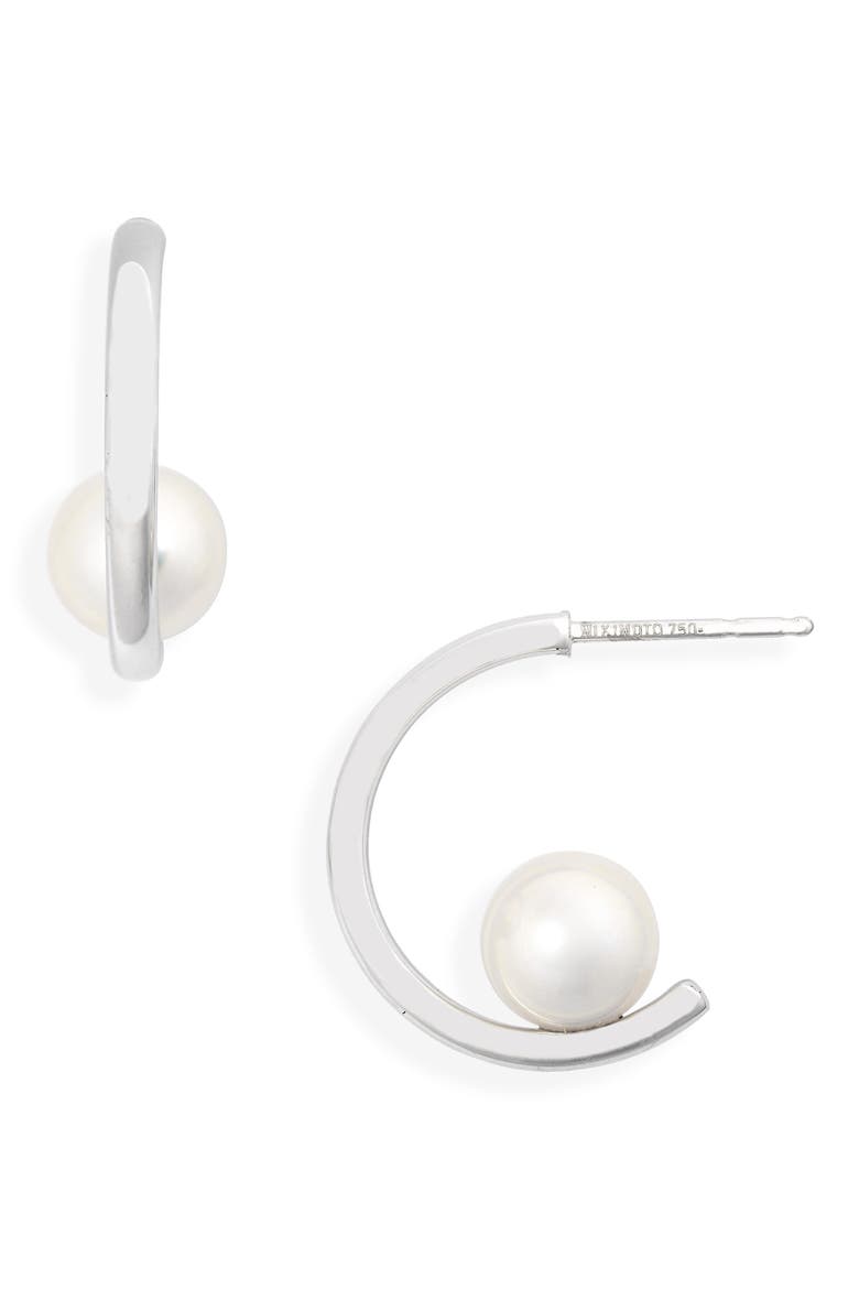 Floating Pearl Mini Hoop Earring, Main, color, WHITE GOLD
