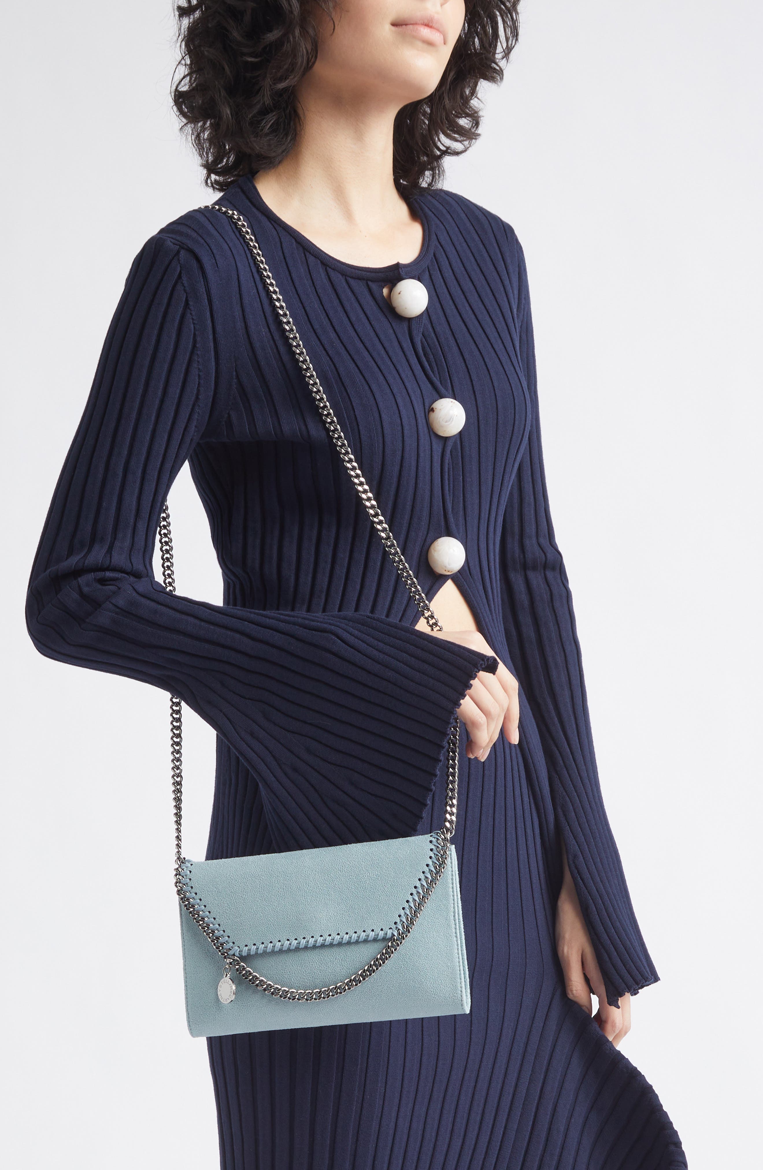 Stella McCartney Mini Falabella Shaggy Dear Faux Leather Crossbody Bag, Alternate, color, Ice Blue