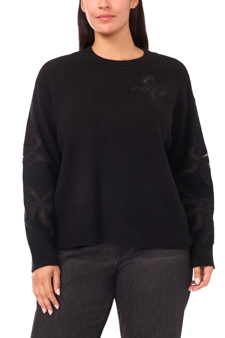 Lace Bow Inset Sweater, Main, color, BLACK