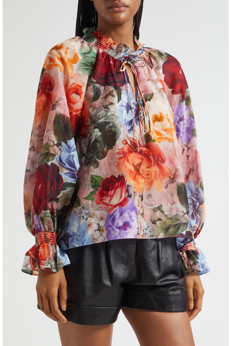 Norah Ruffle Cotton & Silk Peasant Top, Alternate, color, STORM FLORAL