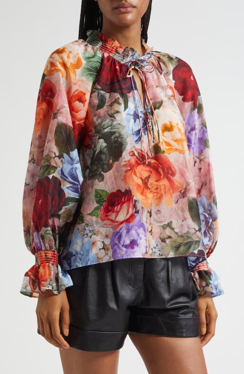 Alice And Olivia Norah Peasant Blouse Storm Floral Sm In Brown