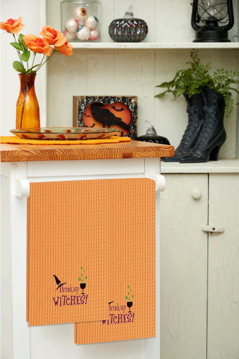 Drink Up Witches Halloween Cotton Waffle Weave Kitchen Towel, Alternate, color, Orange