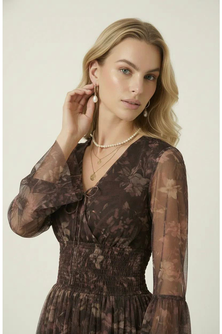 Floral Long Sleeve Mini Dress with Smocked Waist and Flared Skirt, Alternate, color, Brown Floral