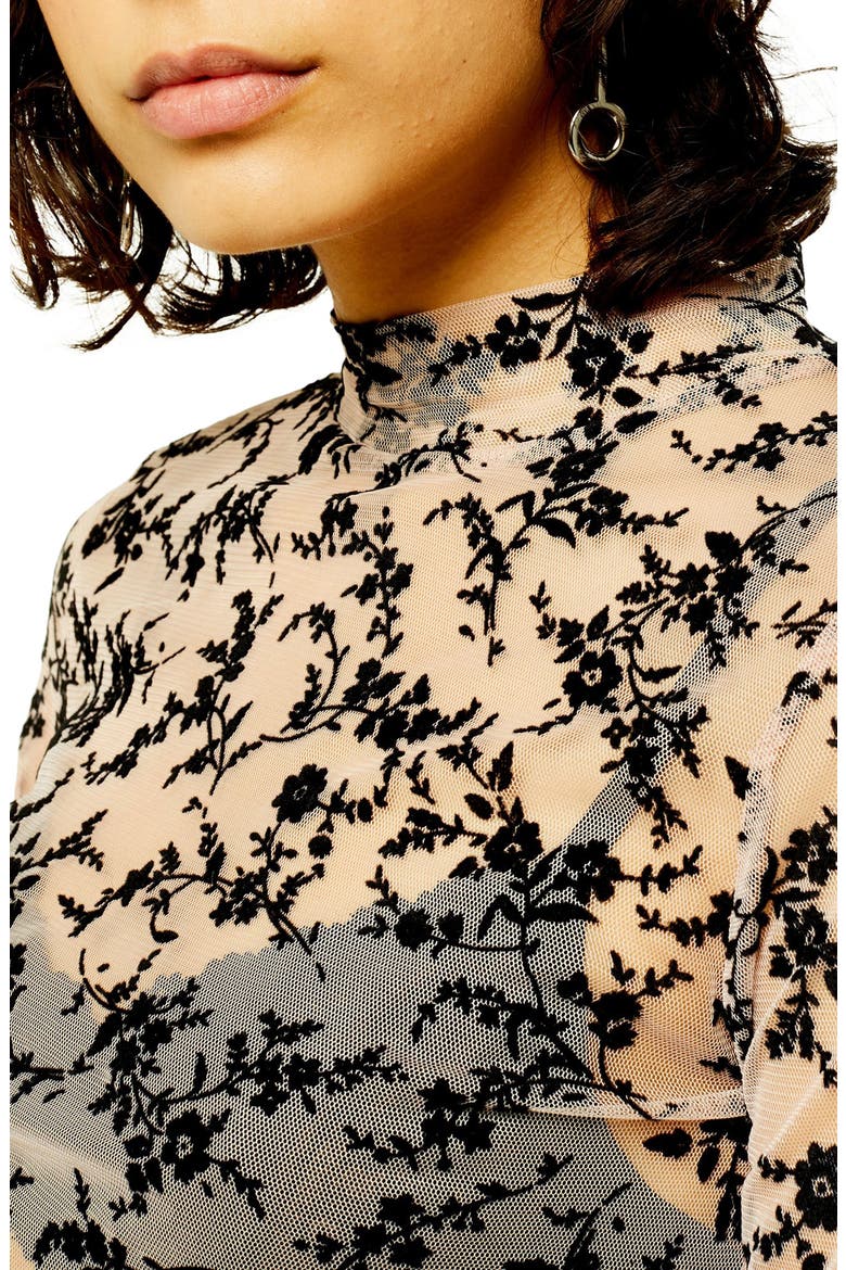 Floral Flock Mesh Mock Neck Top, Alternate, color, PINK MULTI