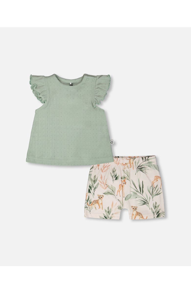 Deux par Deux Pointelle Top and Organic Cotton Jersey Peach Deer Printed Short Set, Main, color, Green And Peach Deer Print