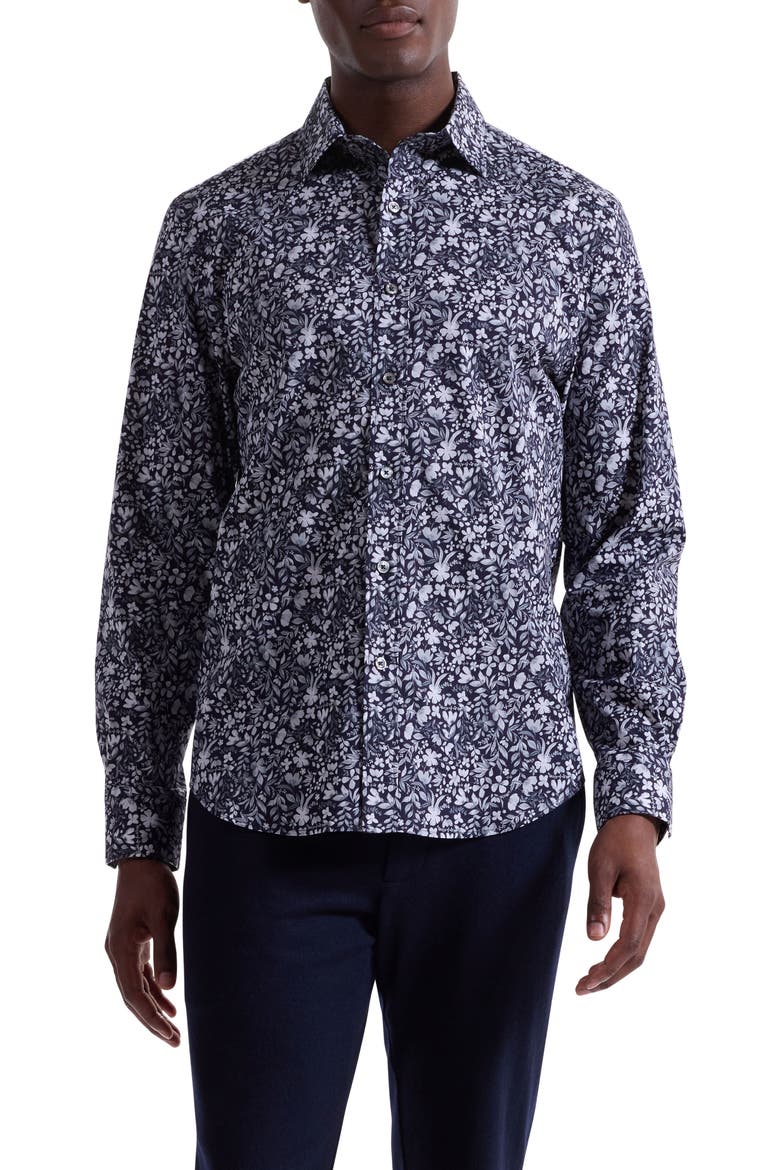 Axel Shaped Fit Floral Stretch Button-Up Shirt, Main, color, BLACK