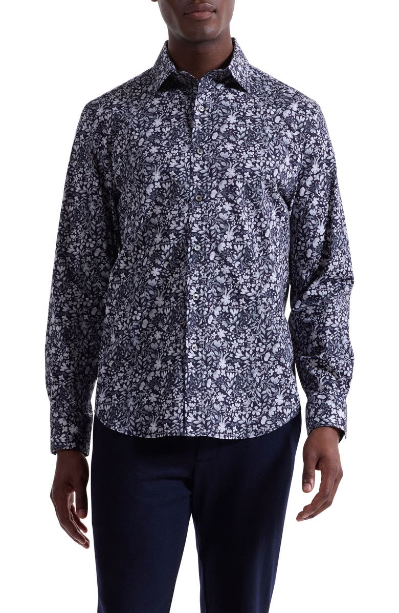 Bugatchi Axel Shaped Fit Floral Stretch Button-Up Shirt, Main, color, Black