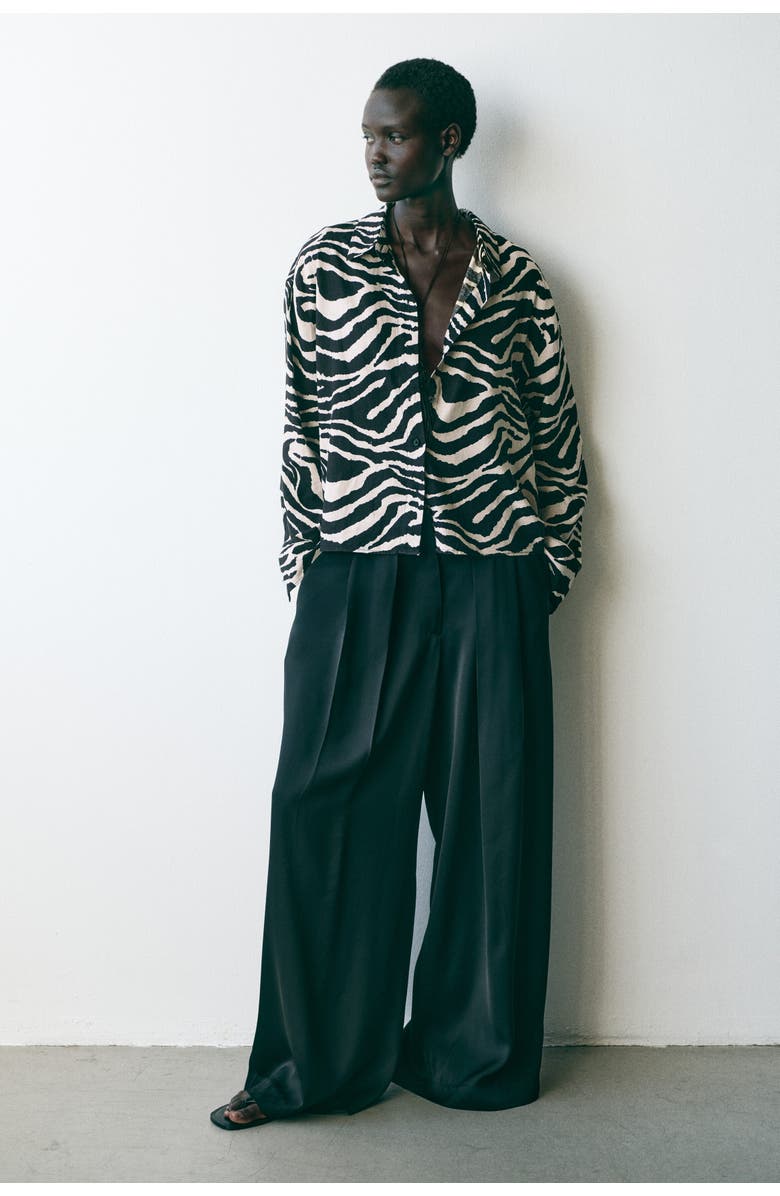 H&M Linen-blend Shirt, Alternate, color, Black/Zebra Print