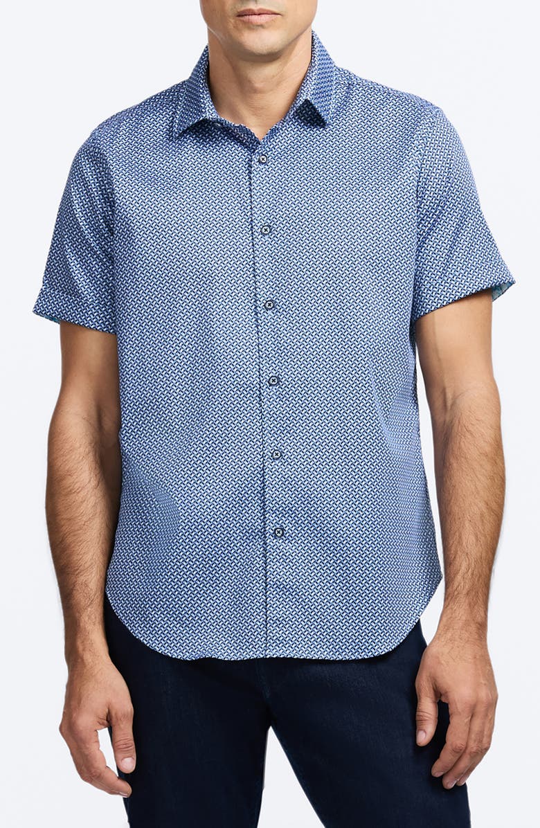Robert Graham Grinnell Geo Pattern Short Sleeve Stretch Cotton Button-Up Shirt, Main, color, Blue Multi