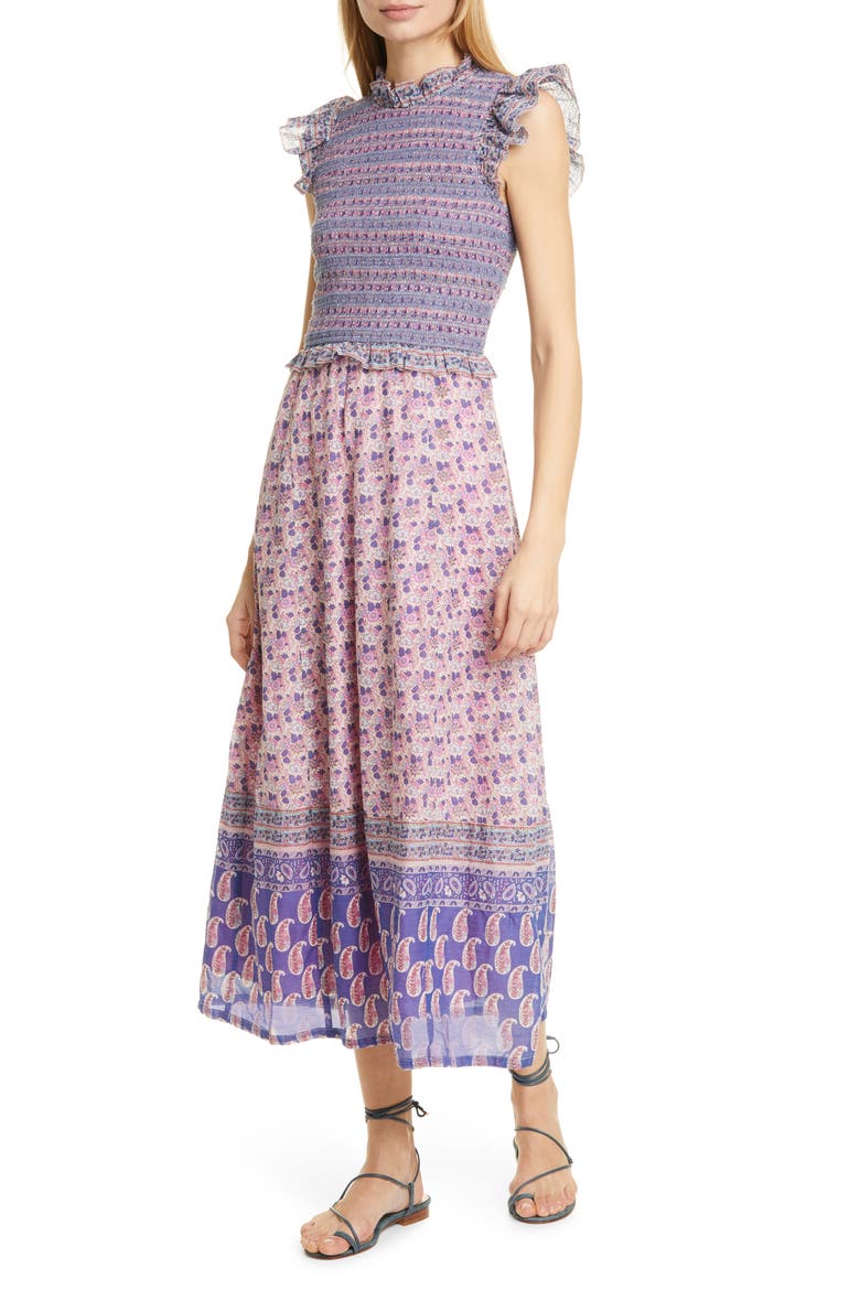 Sea Bianca Smocked Mixed Print Midi Dress, Main, color, VIOLET
