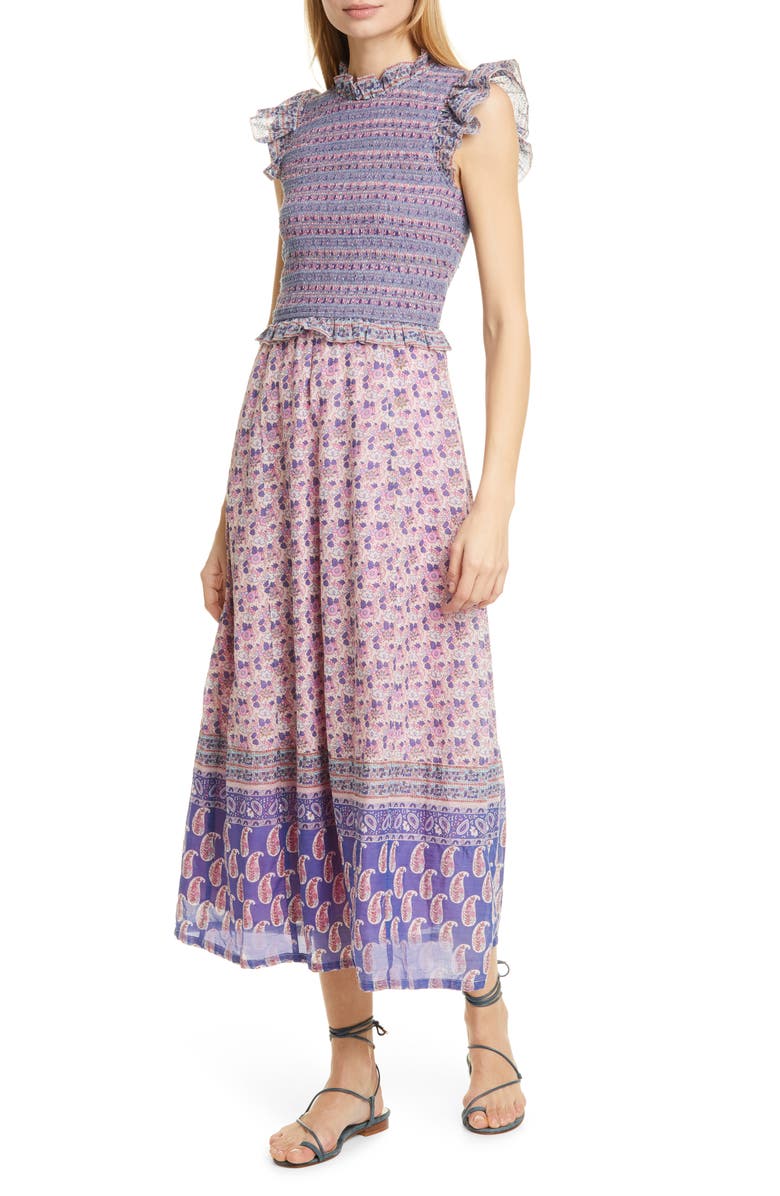 Sea Bianca Smocked Mixed Print Midi Dress, Main, color,