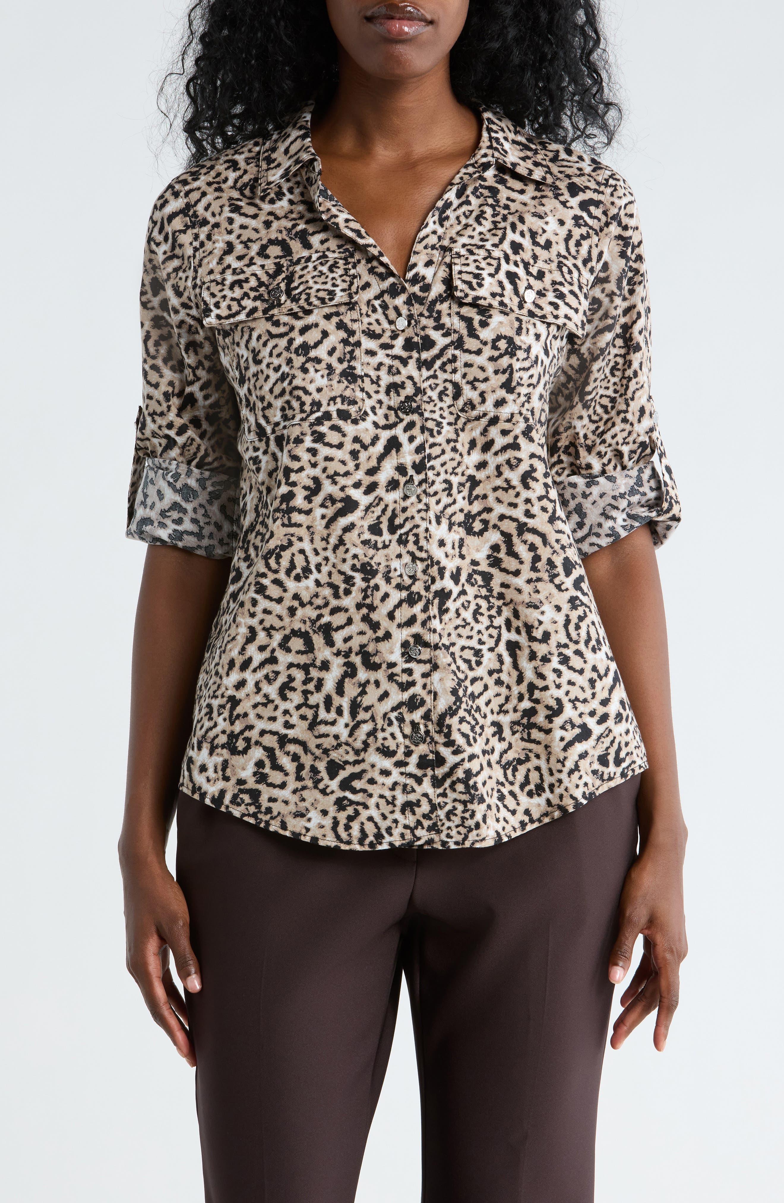 DKNY Abstract Print Roll Sleeve Button-Up Shirt