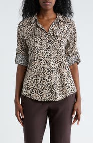 DKNY Abstract Print Roll Sleeve Button-Up Shirt