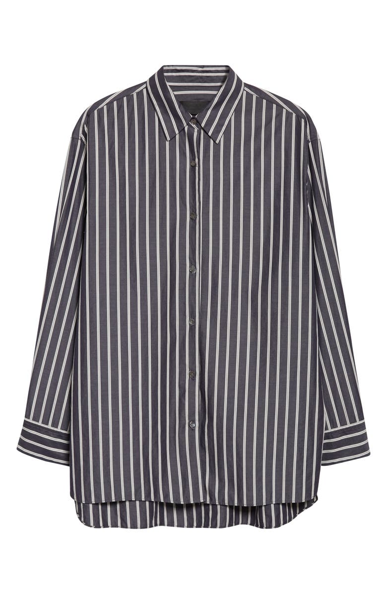 Nili Lotan Yorke Stripe High-Low Cotton Poplin Button-Up Shirt, Alternate, color, Charcoal Stripe