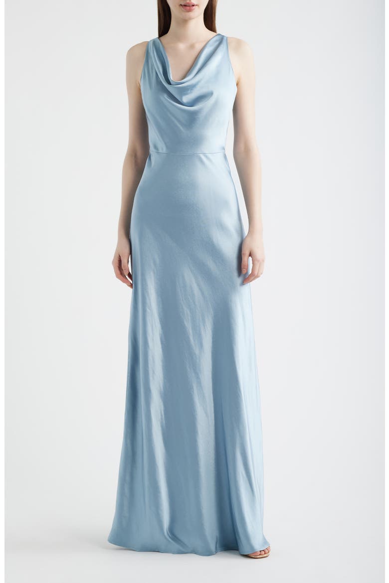 Chandler Cowl Neck Sleeveless Satin Gown, Main, color, SKY BLUE