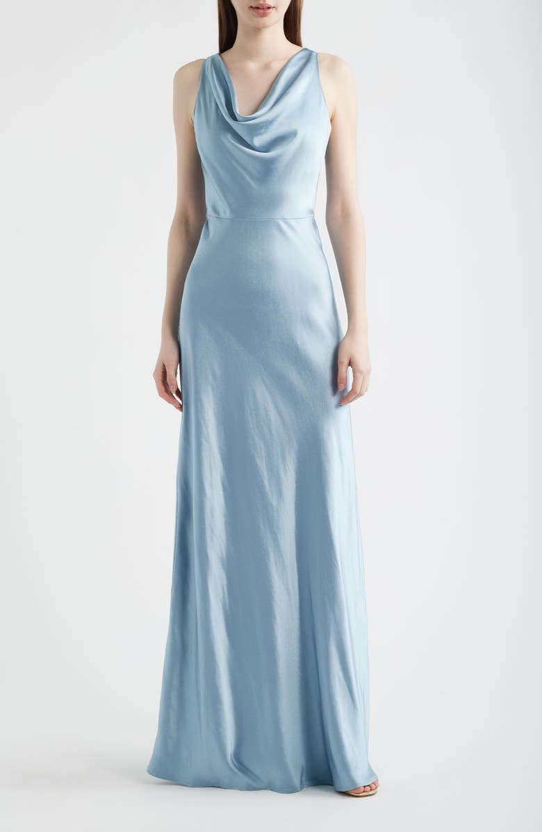 Lucy Paris Chandler Cowl Neck Sleeveless Satin Gown, Main, color, Sky Blue