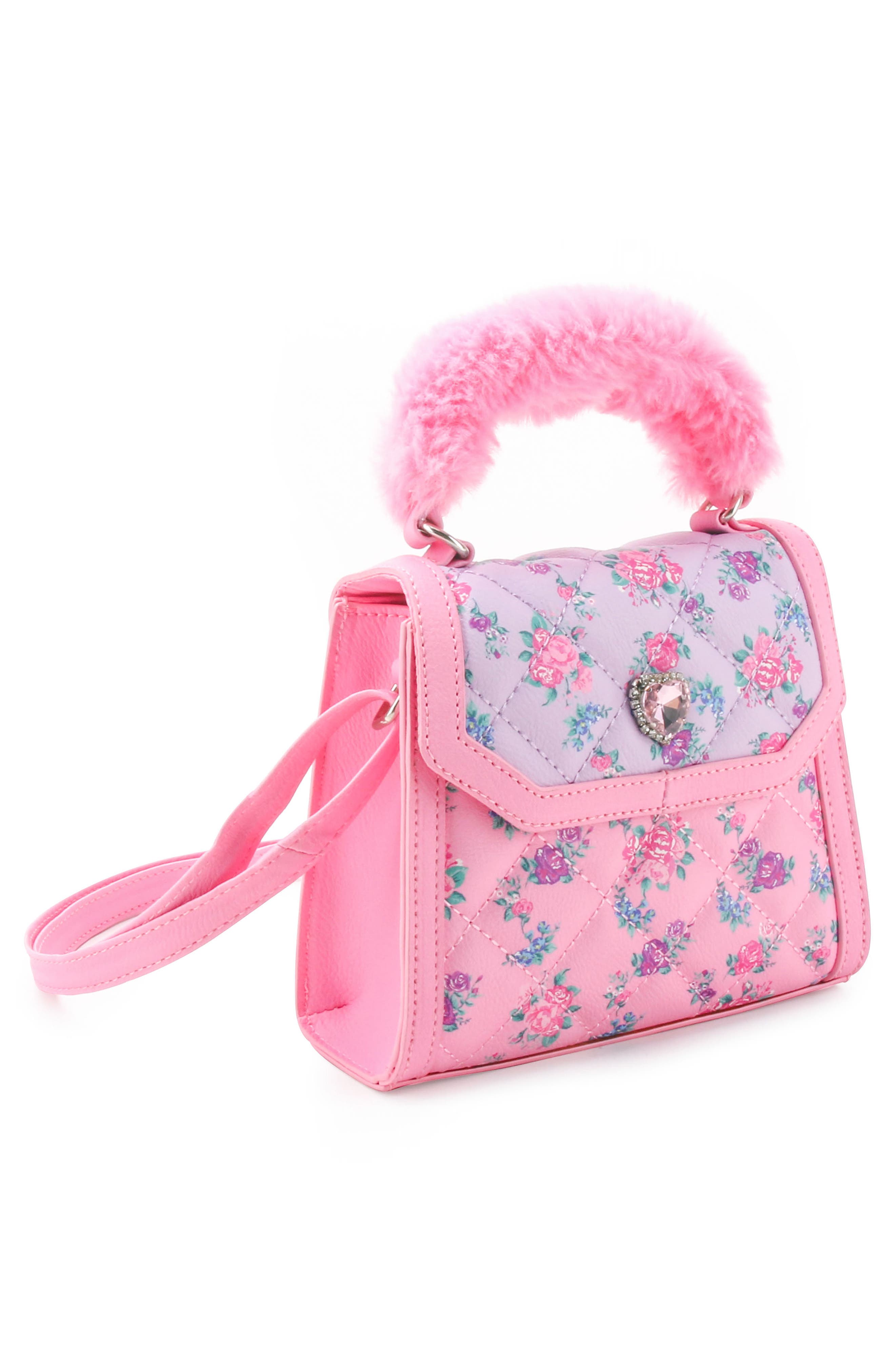 OMG Accessories Kids' Mini Floral Faux Fur Top Handle Bag, Alternate, color, Peony