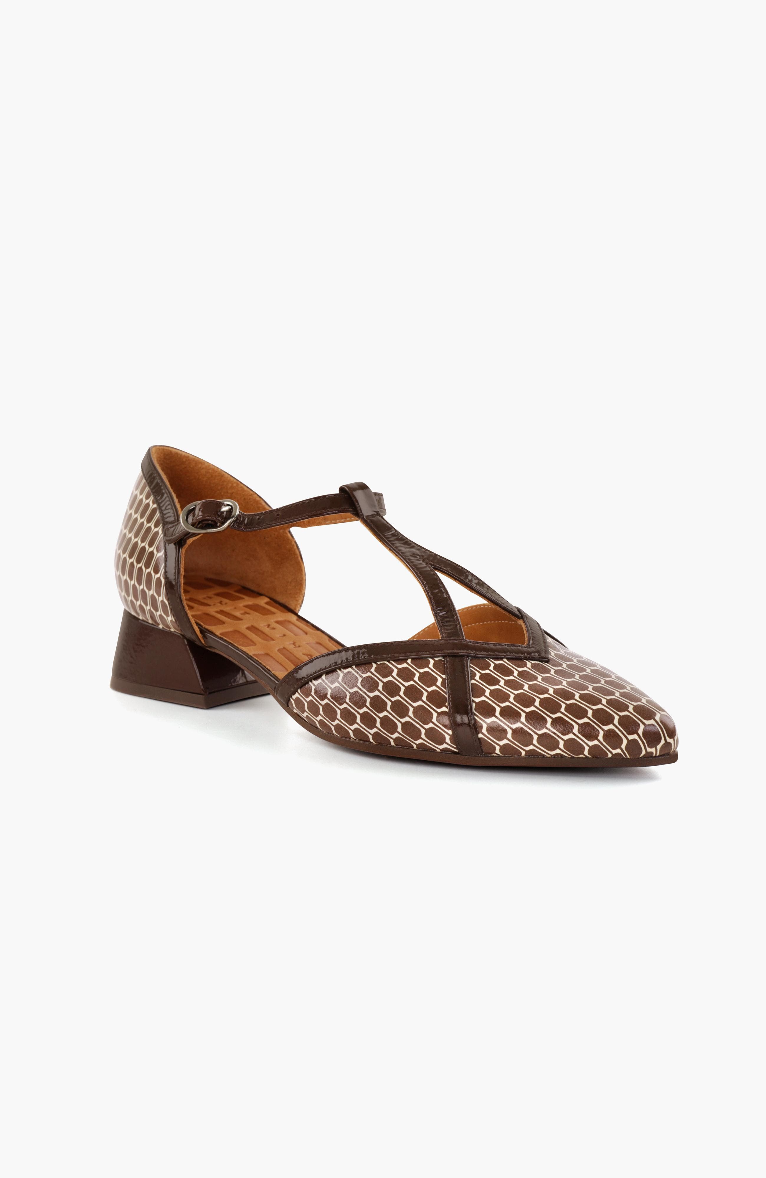 Geometric print patent leather Buckle Pump, Alternate, color, Chocolate brown