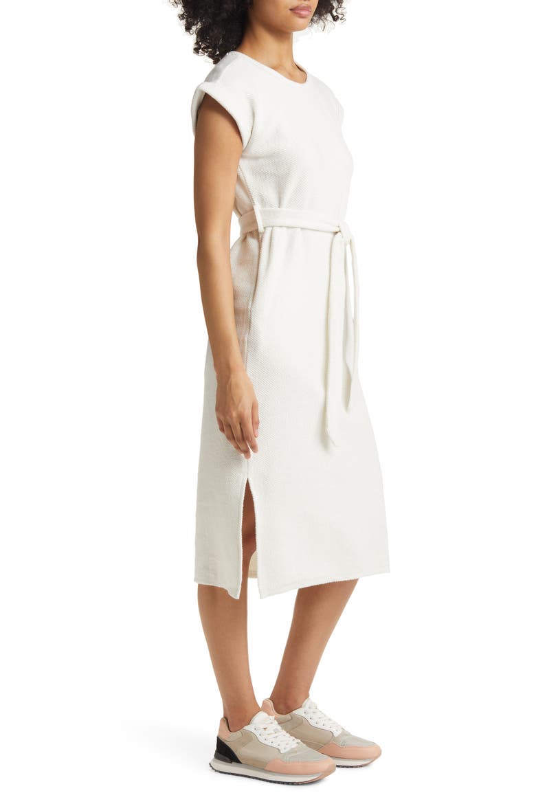 Textured Knit Tie Waist Cotton Blend Midi Dress, Alternate, color, IVORY