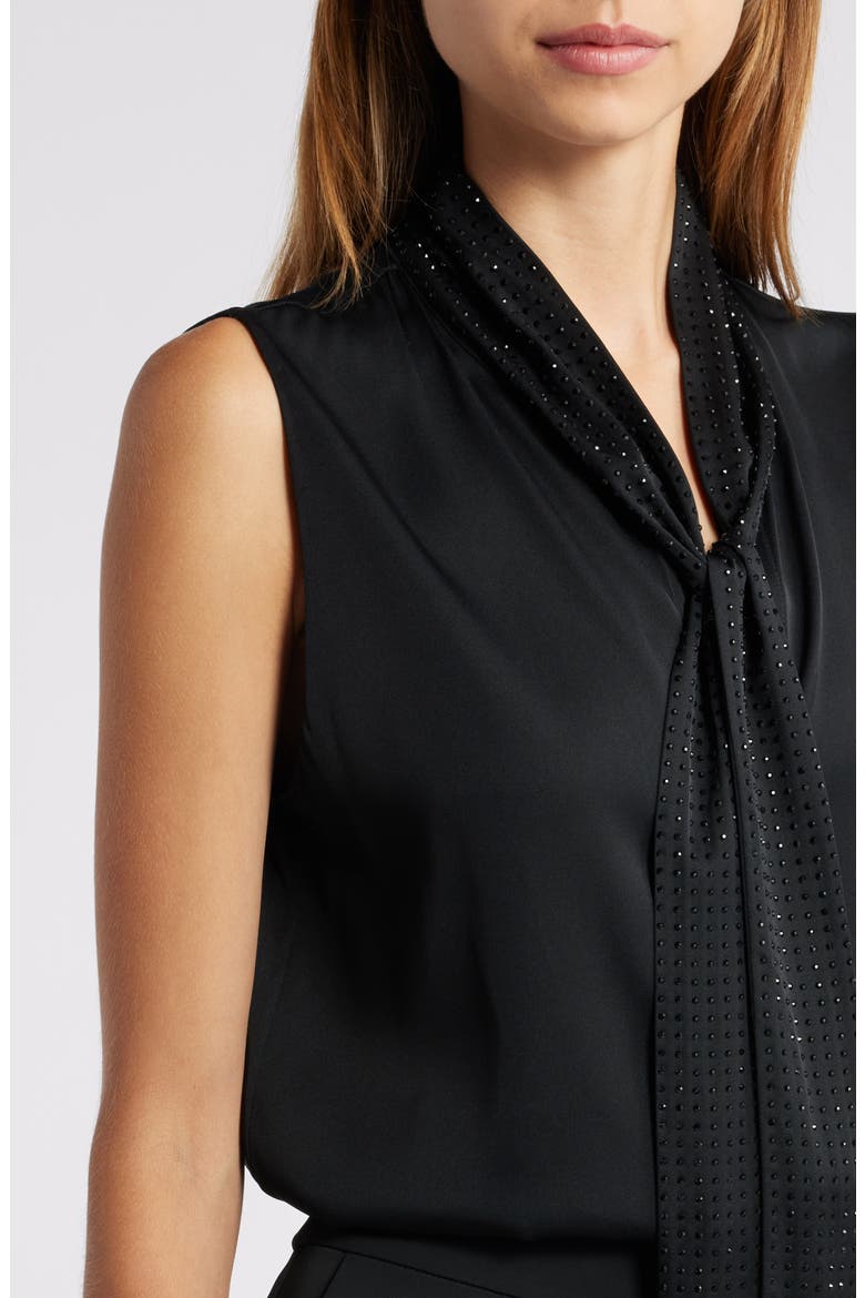 Evelyn Sequin Tie Neck Sleeveless Silk Blend Button-Up Top, Alternate, color, BLACK