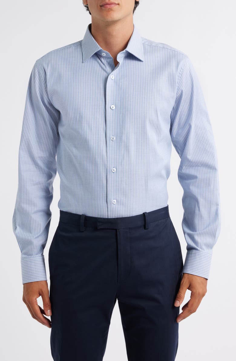 Lorenzo Uomo Trim Fit Textured Pinstripe Stretch Cotton Dress Shirt, Main, color, Ocean Blue