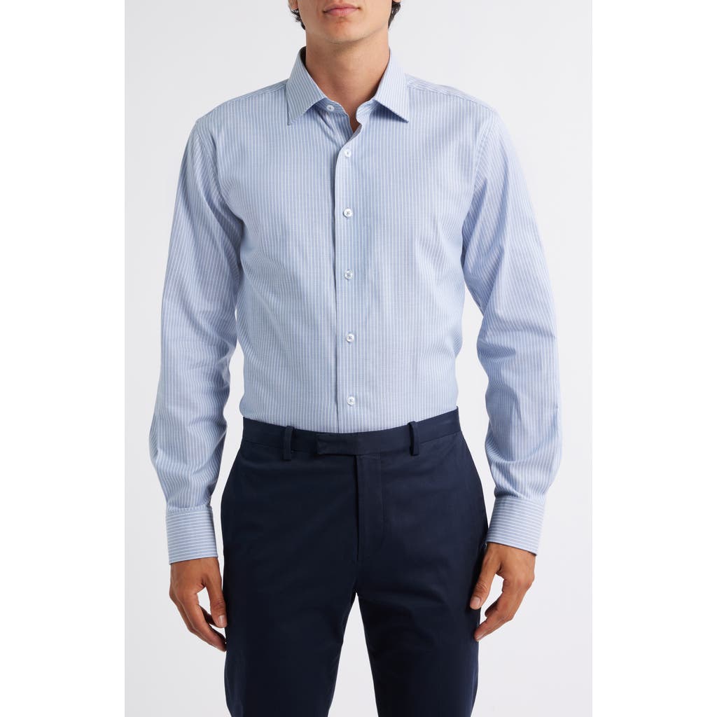 Lorenzo Uomo Trim Fit Textured Pinstripe Stretch Cotton Dress Shirt in Ocean Blue