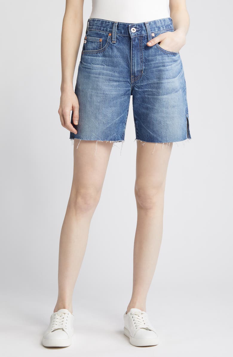 AG Ex-Boyfriend Raw Hem Mid Length Denim Shorts, Main, color, 