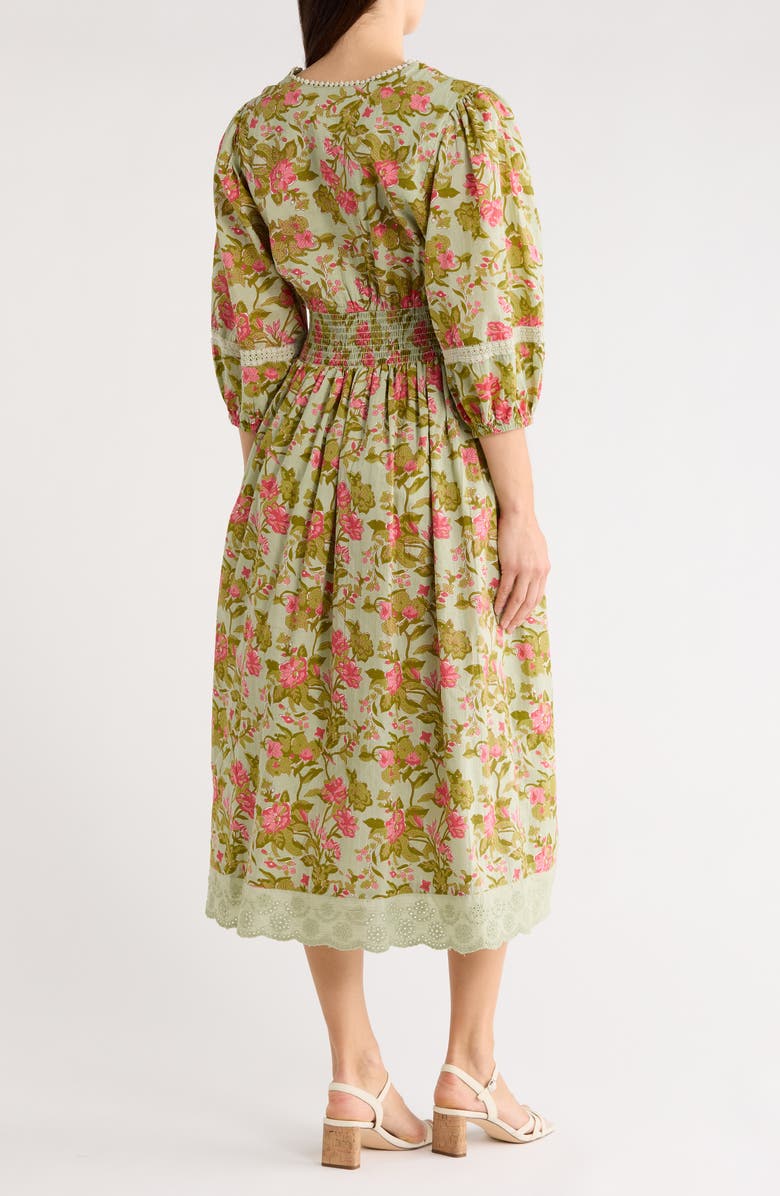 Maisie Floral Smocked Waist Midi Dress, Alternate, color, Sage/ Green Vine