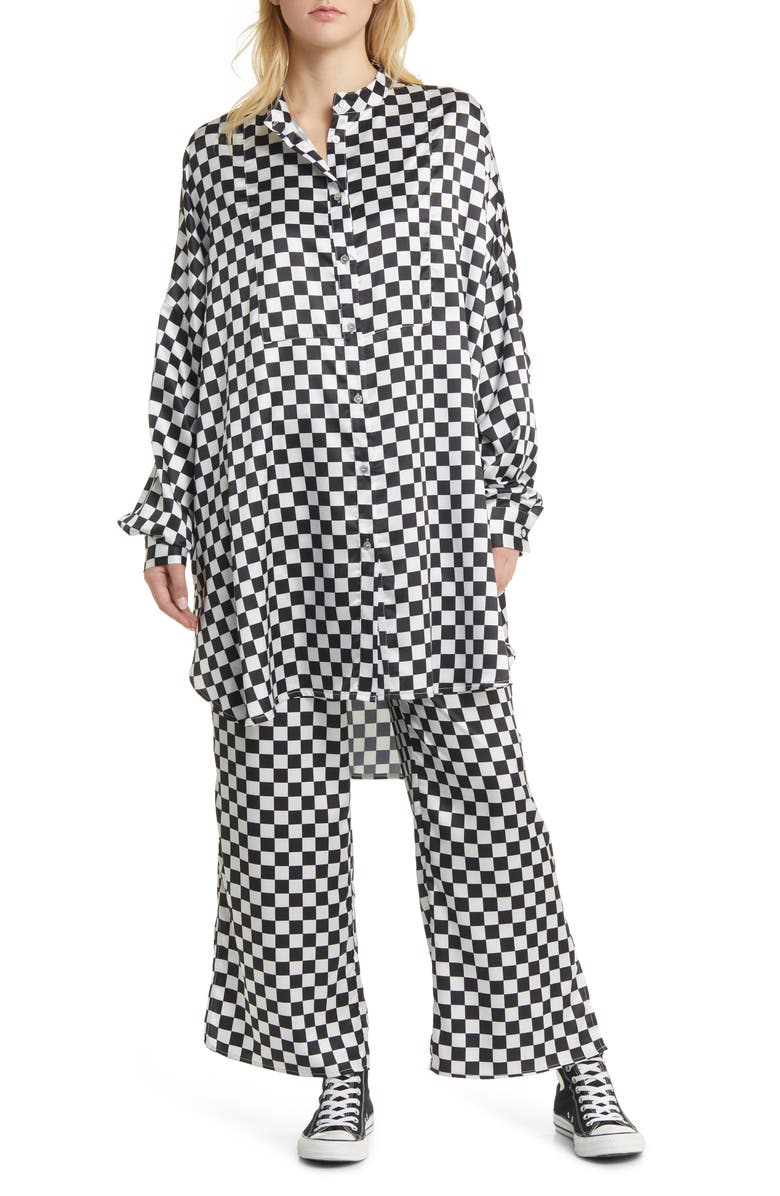 Dressed in Lala Checkerboard Button-Up Satin Shirt & Pants Set, Main, color, Checkerboard