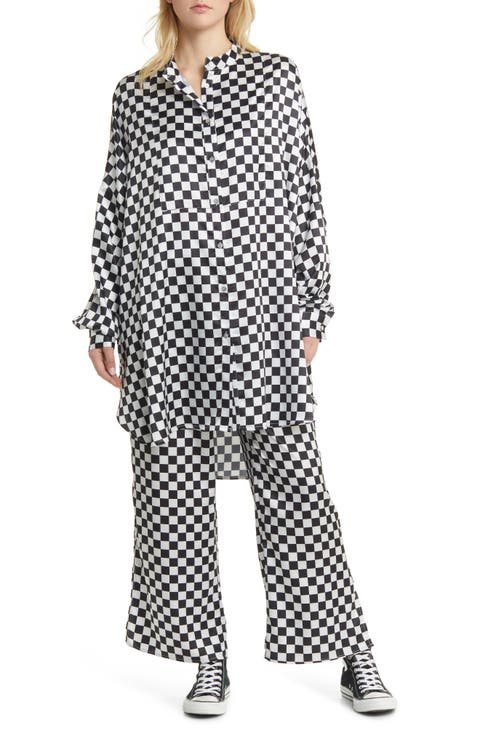 Checkerboard Button-Up Satin Shirt & Pants Set