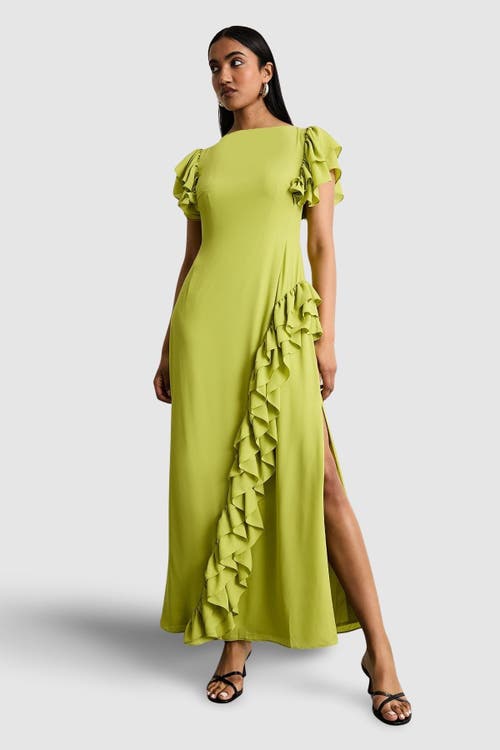 Warehouse Side Split Ruffle Detail Maxi Dress In Green
