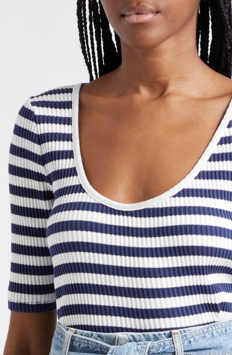 Veronica Beard Anafi Stripe Rib Stretch Cotton Top, Alternate, color, Off White Marine