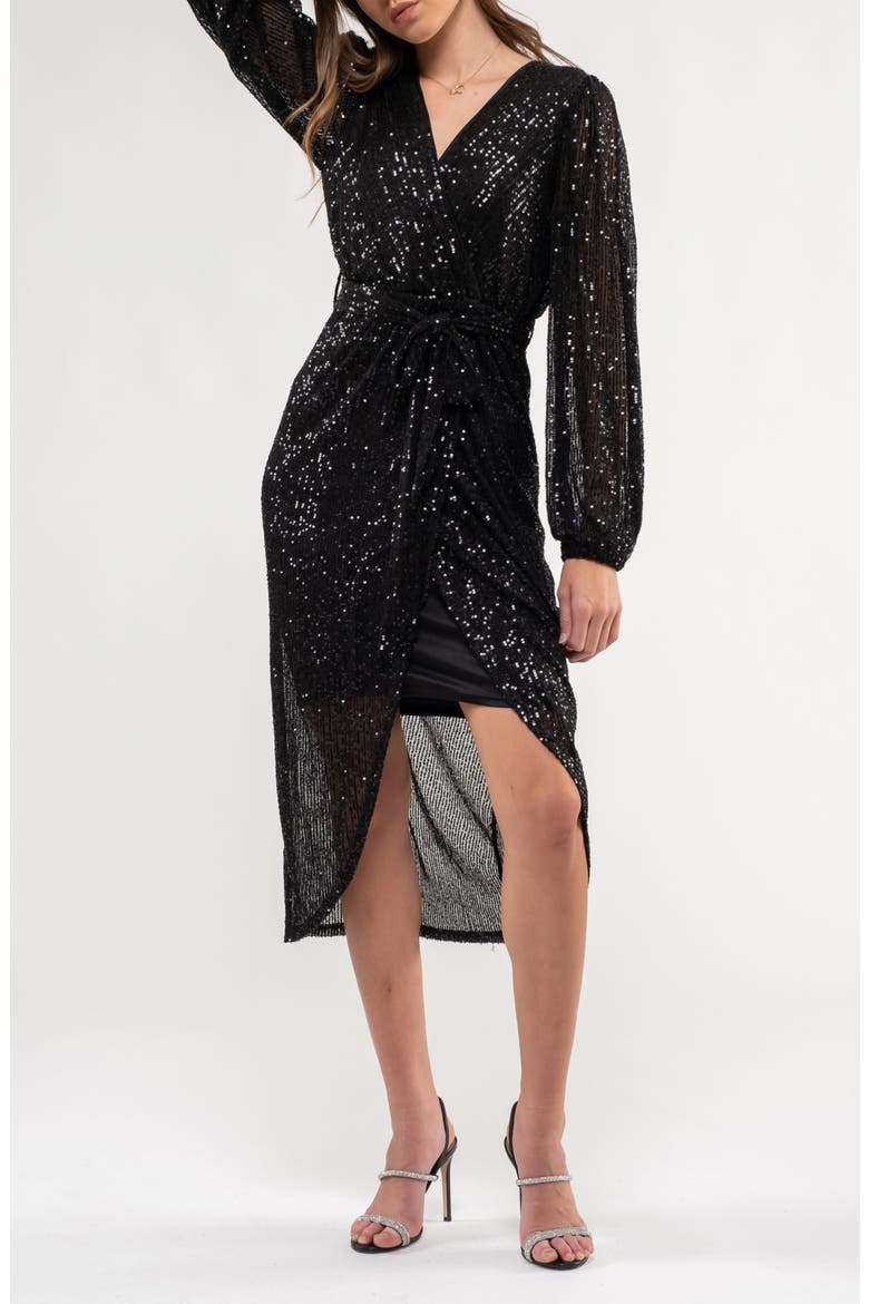 Sequin Long Sleeve Dress, Alternate, color, BLACK