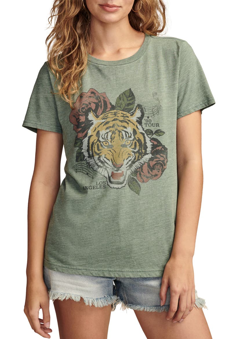 Tiger Roses Tour '90 Classic Crewneck Graphic T-Shirt, Main, color, OLIVINE