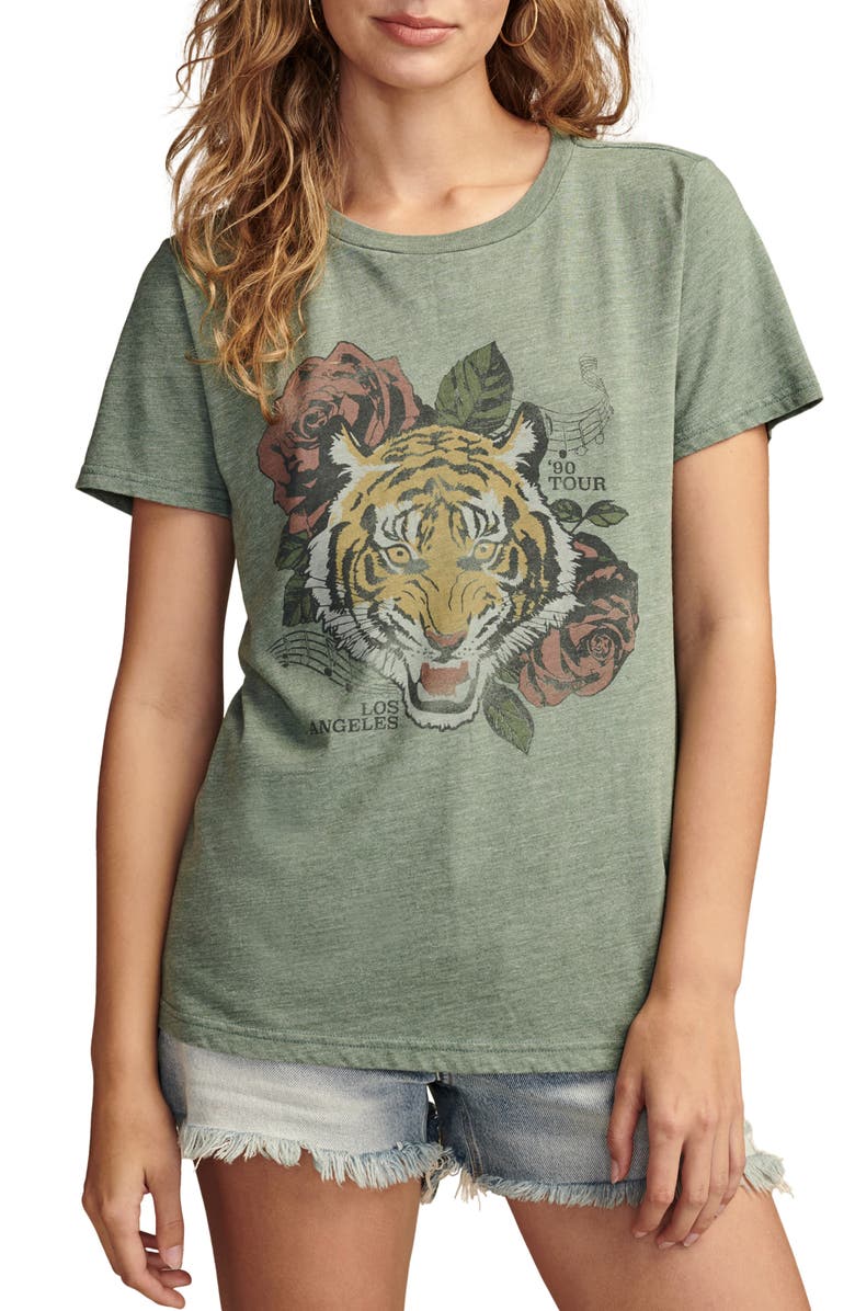 Lucky Brand Tiger Roses Tour '90 Classic Crewneck Graphic T-Shirt, Main, color,