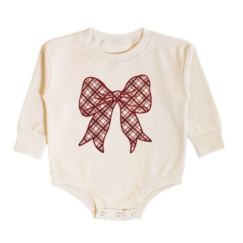 Sweet Wink Christmas Plaid Bow Patch Long Sleeve Romper In Neutral
