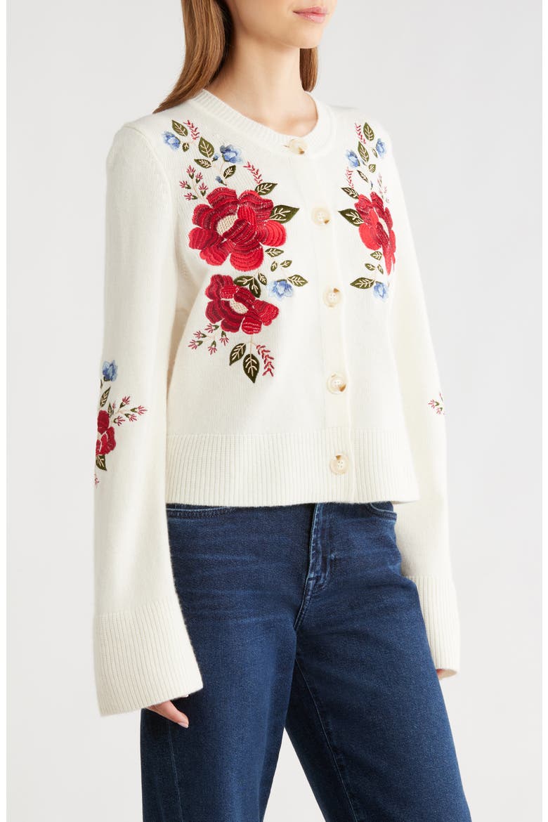 Embroidered Flowers Wool Cardigan, Alternate, color, CREAM