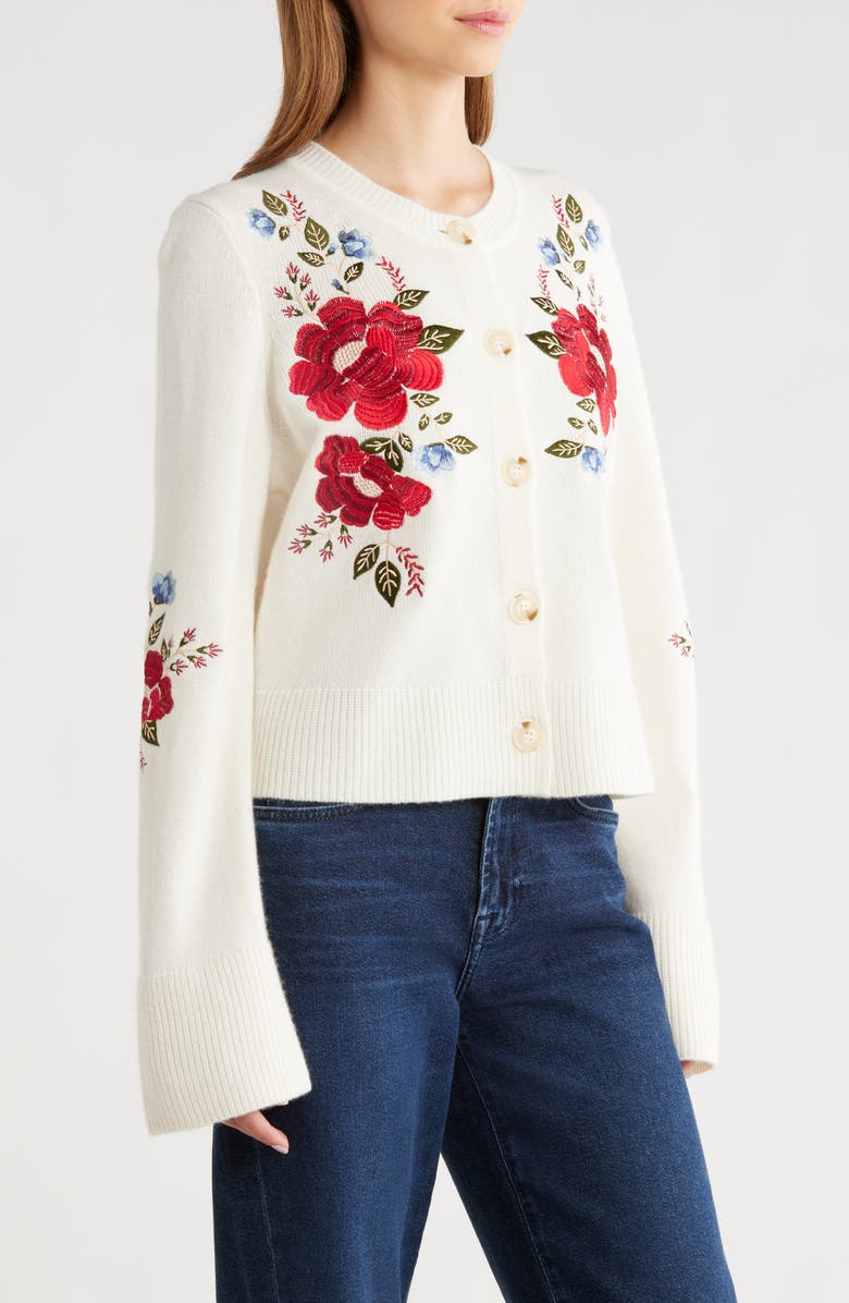 FARM Rio Embroidered Flowers Wool Cardigan, Alternate, color, Cream