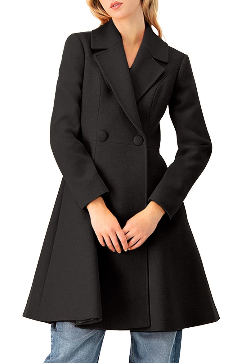 Notched-Lapel Wool-Blend Fit-and-Flare Coat, Main, color, Black