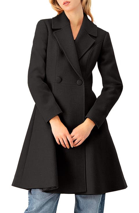 Notched-Lapel Wool-Blend Fit-and-Flare Coat