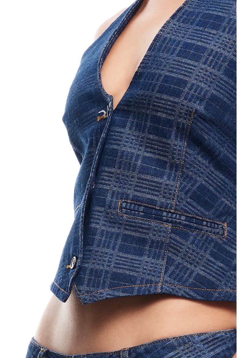 Renewal Crop Denim Halter Top, Alternate, color, INDIGO PLAID