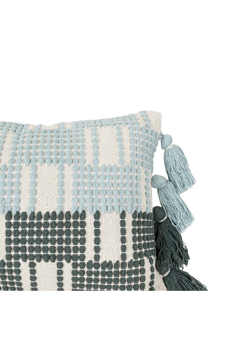 Hand Woven Tasseled Lumbar Pillow Turquoise Cotton With Polyester Fill, Alternate, color, Blue