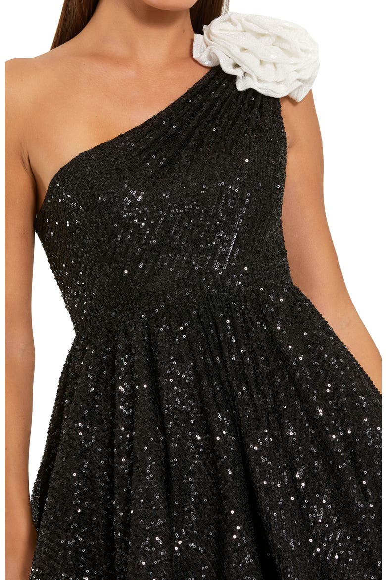 One Shoulder Sequin Mini Dress With 3D Flower, Alternate, color, Black Ivory