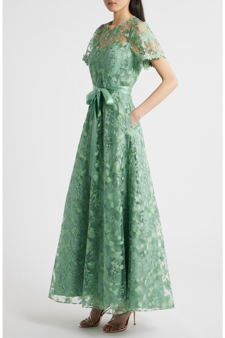 Floral Embroidery Short Sleeve Gown, Alternate, color, SAGE