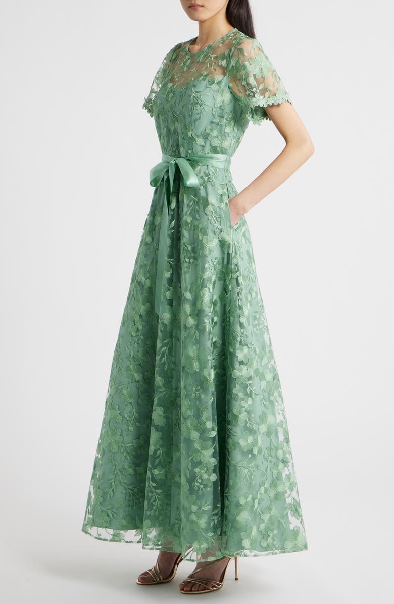 Tahari ASL Floral Embroidery Short Sleeve Gown, Alternate, color, Sage